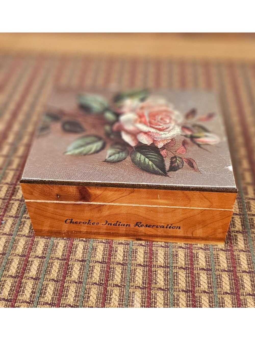 Handcrafted Cherokee Indian Reservation Wooden Box With Floral Rose Design - 5x5
